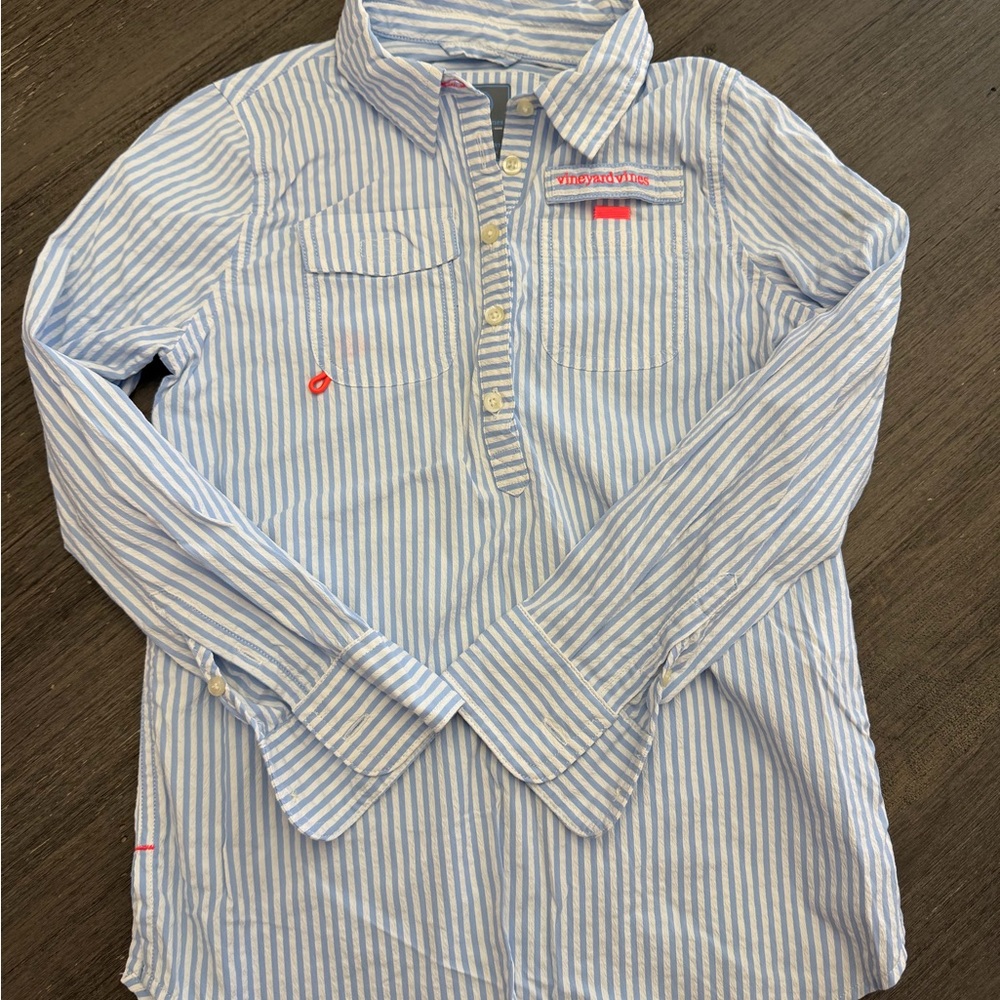 Vineyard Vines Harbor Light Blue and White Striped Kids Button Down Coverup